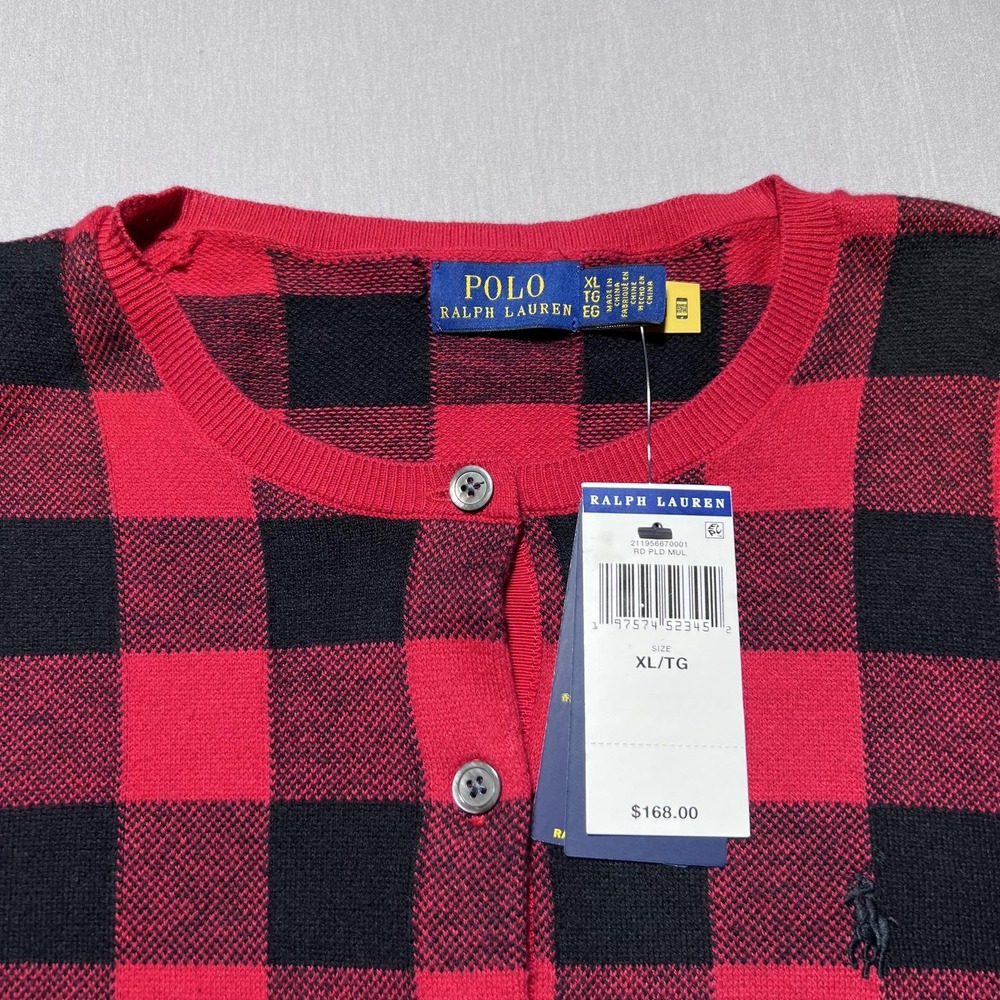 Polo Ralph Lauren Plaid Cardigan Womens XL Red Buffalo Button‎ Cotton Wool - Picture 4 of 13